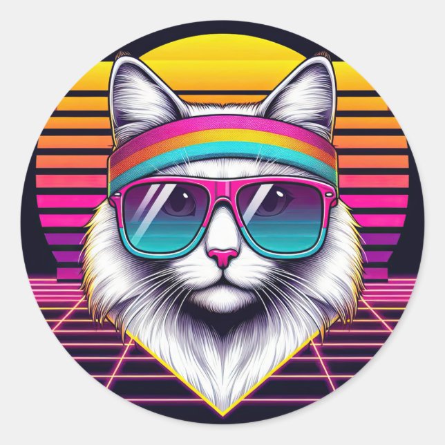Retro Cool Cat Classic Round Sticker (Front)