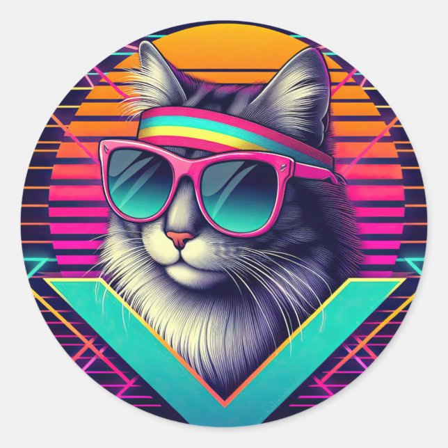 Retro Cool Cat Classic Round Sticker (Front)