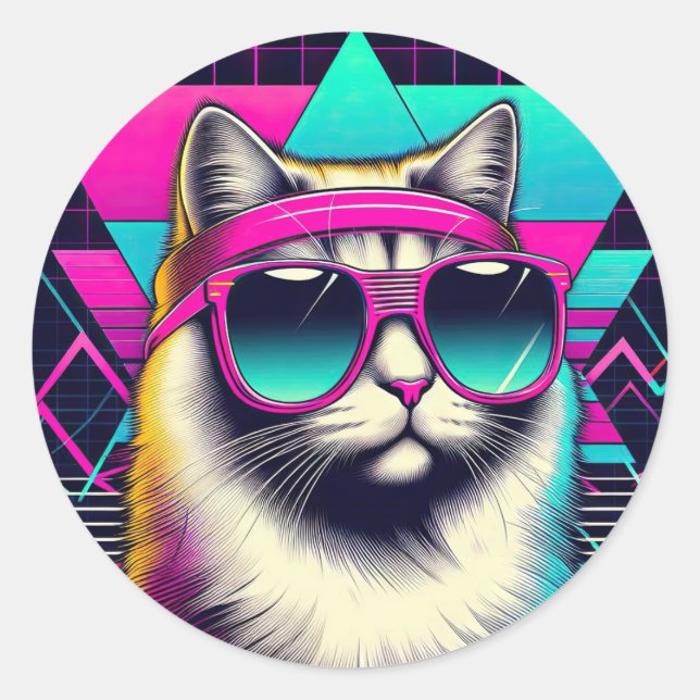 Retro Cool Cat Classic Round Sticker (Front)