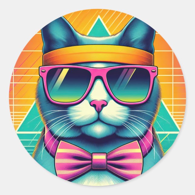 Retro Cool Cat Classic Round Sticker (Front)