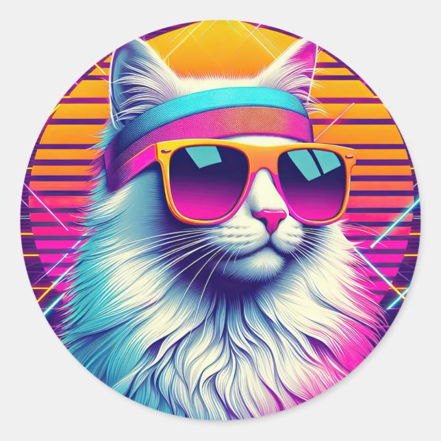 Retro Cool Cat Classic Round Sticker (Front)
