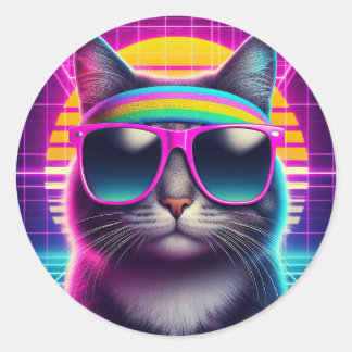 Retro Cool Cat Classic Round Sticker
