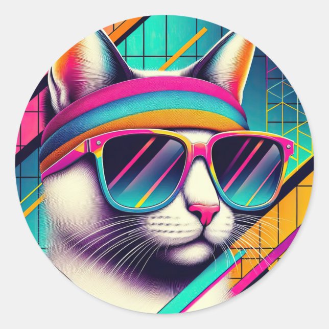 Retro Cool Cat Classic Round Sticker (Front)