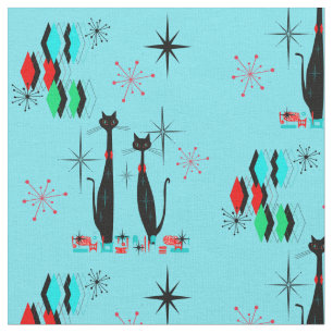 Retro Cool Cats & Starbursts Mid Century Modern  F Fabric