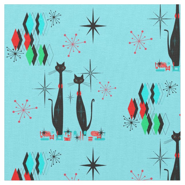 Retro Cool Cats & Starbursts Mid Century Modern  F Fabric (Close Up)