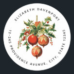 Retro Cool Christmas Tree Decorations Address Classic Round Sticker<br><div class="desc">Return address labels with a vintage style illustration. 3 red Christmas baubles surrounded by green holly and berries. Stylish retro design.</div>