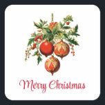 Retro Cool Christmas Tree Decorations Square Sticker<br><div class="desc">Stickers with a vintage style illustration. 3 red Christmas baubles surrounded by green holly and berries. Stylish retro design.</div>