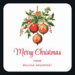 Retro Cool Christmas Tree Decorations Square Sticker<br><div class="desc">Stickers with a vintage style illustration. 3 red Christmas baubles surrounded by green holly and berries. Stylish retro design.</div>