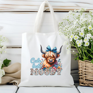 Retro Cool Highland Cow "Cute but Moody" Blue Tote Bag