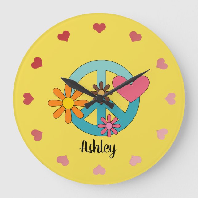 Retro Cool Peace Sign Personalised Large Clock (Front)