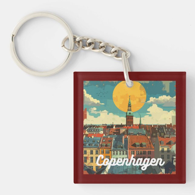 Retro Copenhagen Skyline  Key Ring (Front)