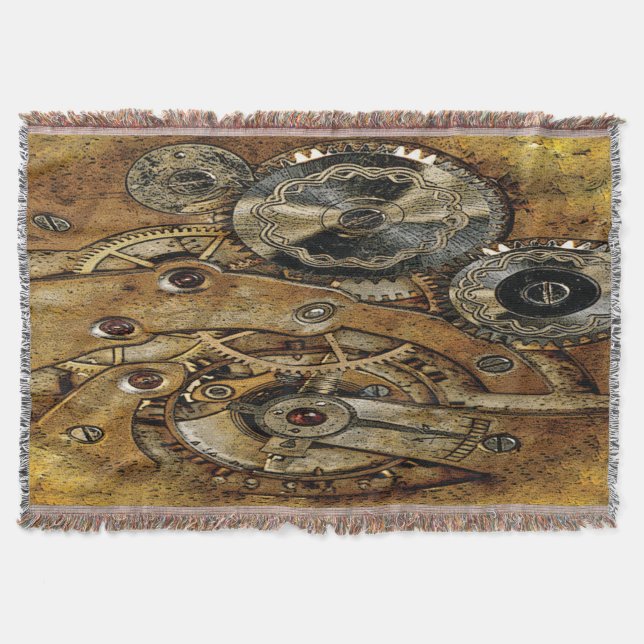 Retro Copper Brass Gears Steampunk Antique Throw Blanket (Front)