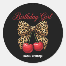 Retro Coquette Birthday Girl Leopard Bow Cherries