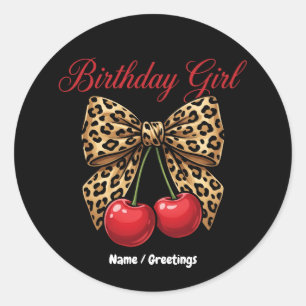 Retro Coquette Birthday Girl Leopard Bow Cherries Classic Round Sticker