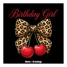 Retro Coquette Birthday Girl Leopard Bow Cherries