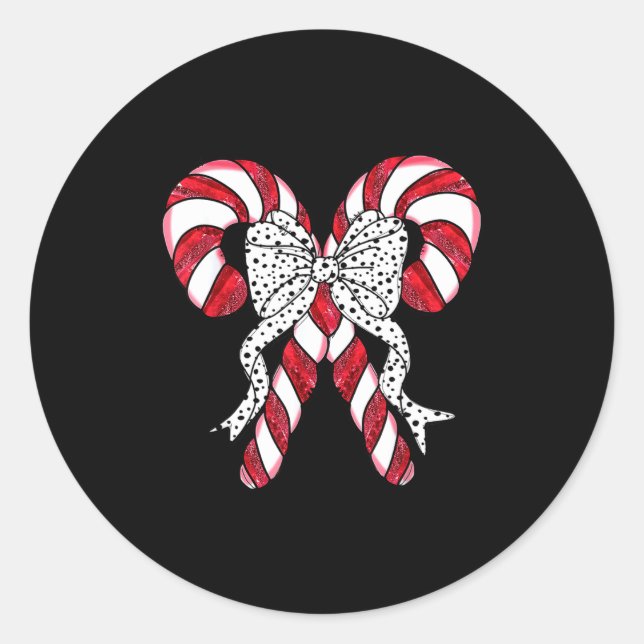 Retro Coquette Bow Candy Cane Christmas Season Wom Classic Round Sticker (Front)