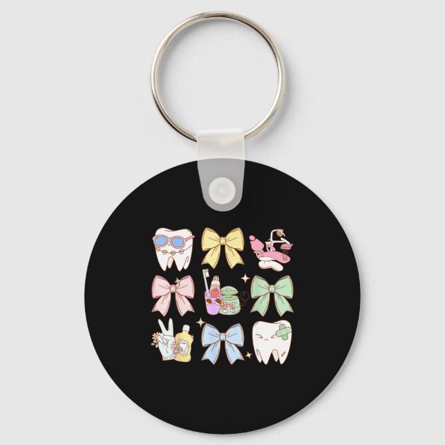 Retro Coquette Bow Dental Hygienist Teeth Dentist  Key Ring (Front)
