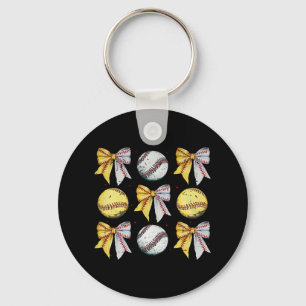 Retro Coquette Bow Funny Game Day Baseball Softbal Key Ring