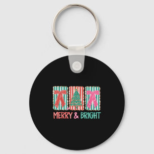 Retro Coquette Bow Merry And Bright Christmas Tree Key Ring