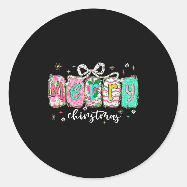 Retro Coquette Bow Merry Christmas Holiday Funny F Classic Round Sticker (Front)