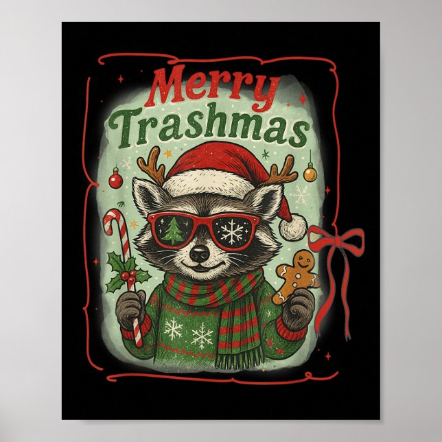 Retro Coquette Merry Trashmas Racoon Christmas Cu Poster (Front)