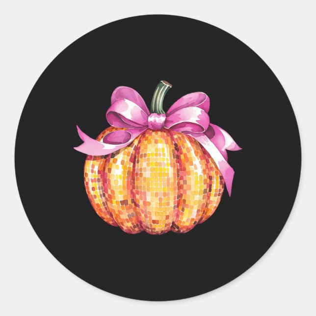 Retro Coquette Pumpkin Pink Bow Fall Thanksgiving  Classic Round Sticker (Front)