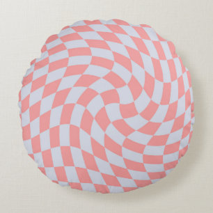 Retro Coral Blue Checks Warped Chequered Dorm  Round Cushion