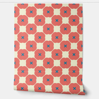 Retro Coral & Blue Graphic Floral Wallpaper