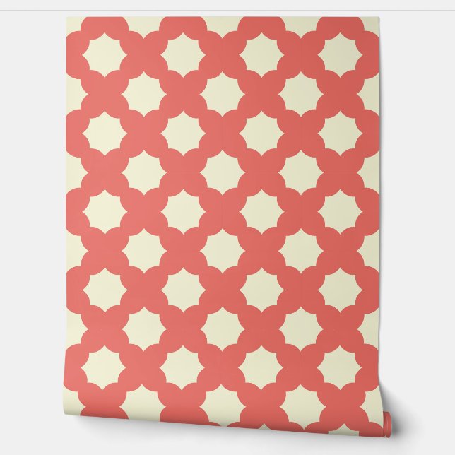 Retro Coral Geometric Floral Wallpaper (Unrolling)