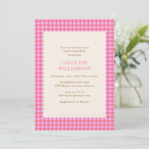 Retro Coral Pink Blush Gingham Preppy Baby Shower Invitation
