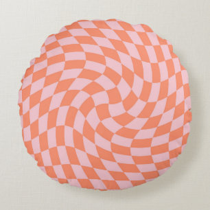 Retro Coral Pink Checks Warped Chequered Dorm Round Cushion
