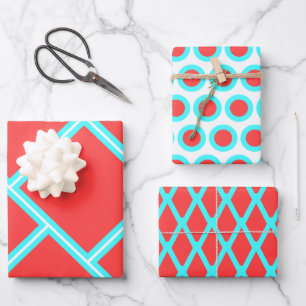 Retro Coral Red and Turquoise Geometric Patterns Wrapping Paper Sheet
