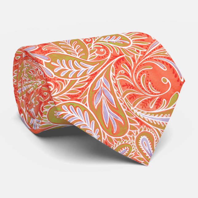 Retro Coral Red Paisley Pattern Tie (Rolled)