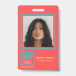 Retro Coral Red Teal Yellow Monogram Logo Photo ID Badge