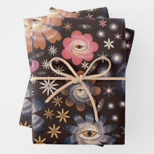 Retro Cosmic Galaxy Mystic Eye Floral Wrapping Pap Paper Sheet