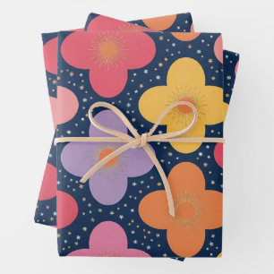 Retro Cosmic Quatrefoil Floral Starry Night Wrappi Wrapping Paper Sheet