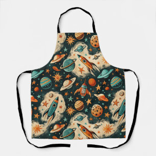 Retro Cosmic Rocket Comic Teal Gold Starburst Apron