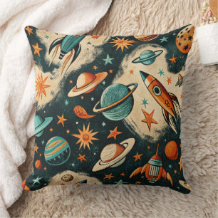 Retro Cosmic Rocket Comic Teal Gold Starburst Cushion