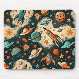 Retro Cosmic Rocket Comic Teal Gold Starburst Mouse Mat