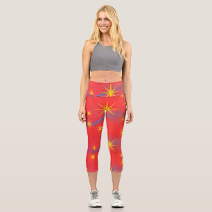 Retro Cosmic Starburst Neon Waves High Waisted Cap Capri Leggings