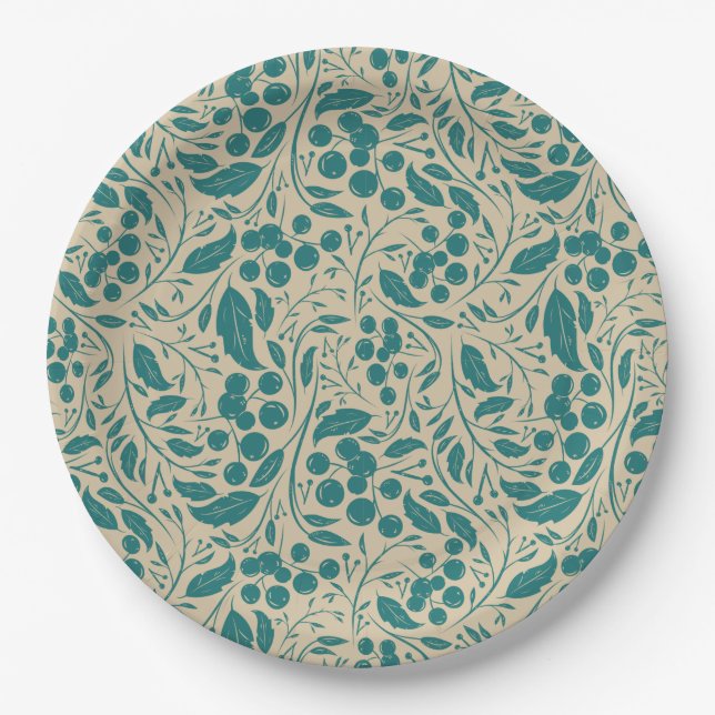 Retro Cosy Blue Pattern Christmas Charm  Paper Plate (Front)