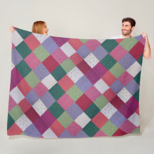 retro cottagecore hand knitted colourful patchwork fleece blanket