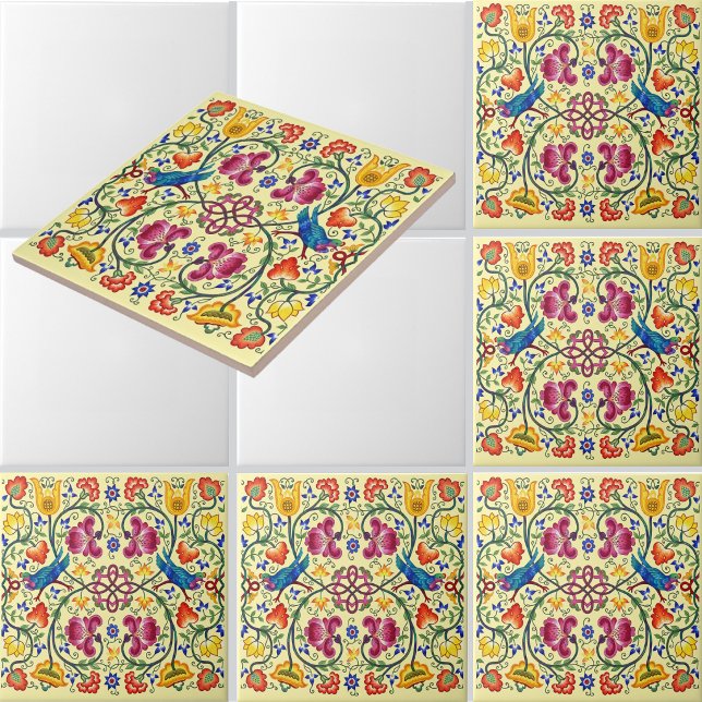 Retro Country Chickens In Flower Garden Pattern Tile (Creator Uploaded)
