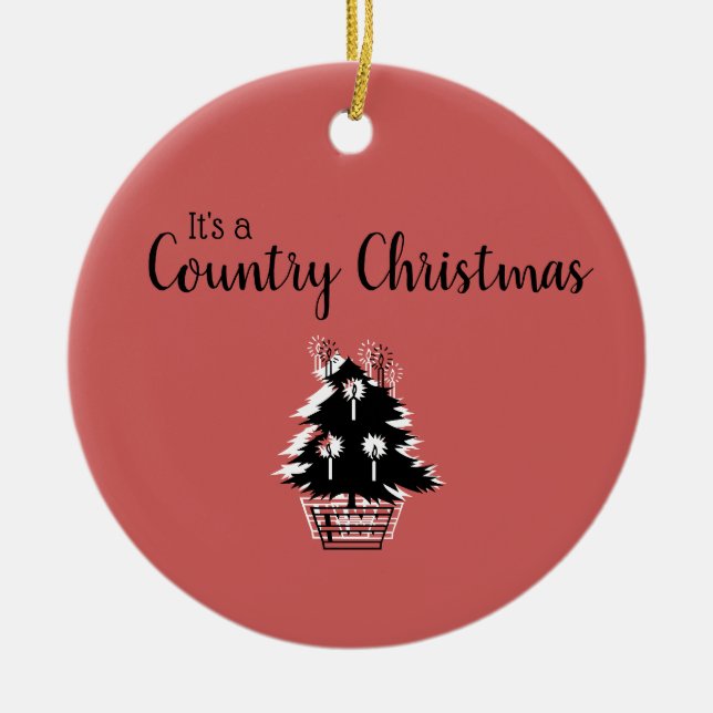Retro Country Christmas Red and Beige Ceramic Tree Decoration (Front)