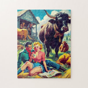 Retro Country Couple Illustration Jigsaw Puzzle