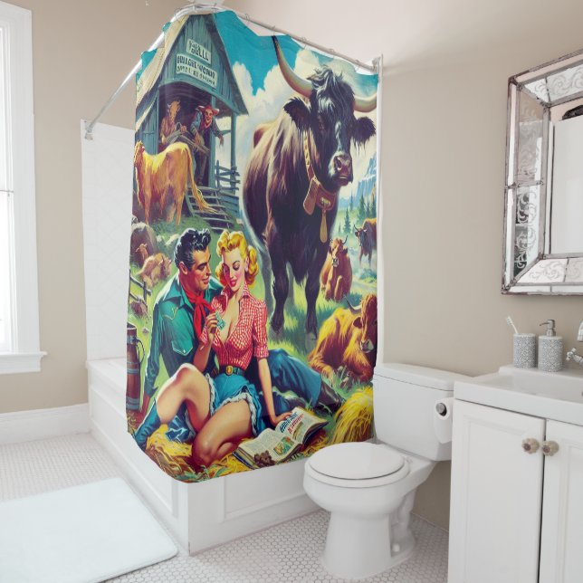 Retro Country Couple Illustration Shower Curtain (In Situ)