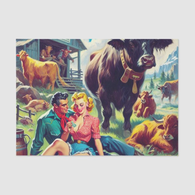 Retro Country Couple Illustration Tissue Paper (Front)