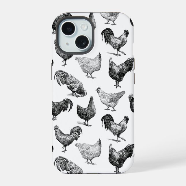 Retro Country Farm Chicken Pattern iPhone 15 Case (Back)