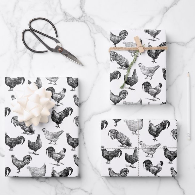 Retro Country Farm Chicken Pattern Wrapping Paper Sheet (Front)