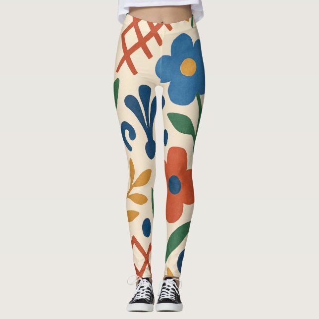 Retro Country Floral Trellis Pattern Leggings (Front)